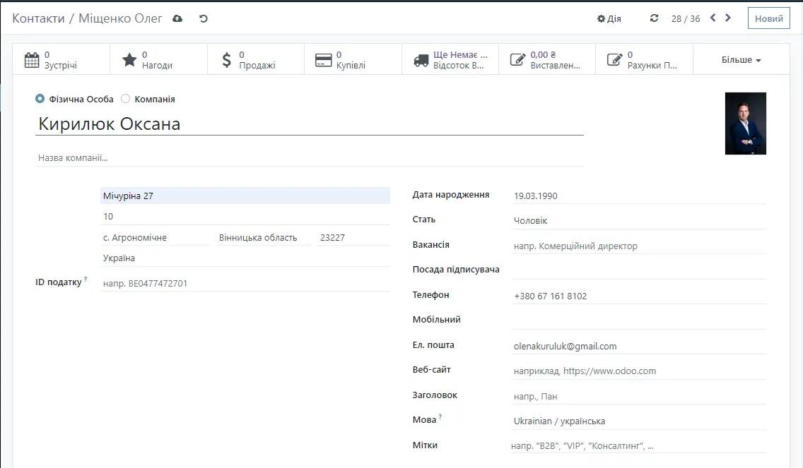 Карта клієнта в CRM для Prom в Odoo, Unitsoft