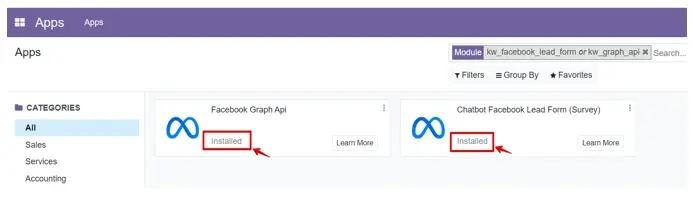 Installing the necessary Facebook modules in Odoo, Unitsoft