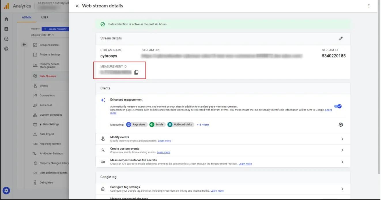 Details of the created web stream in Google Analytics, Unitsoft