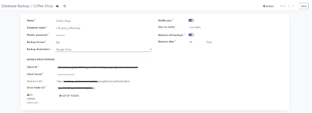 Configuring database backup in Odoo, Unitsoft