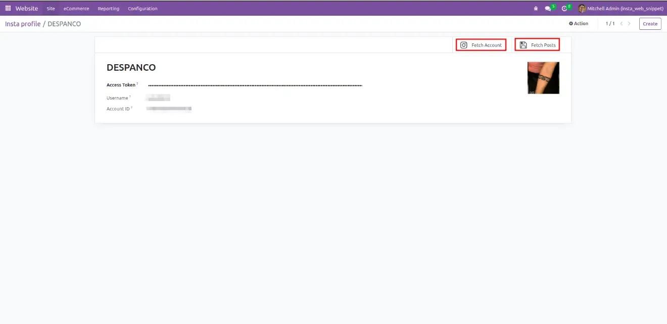 Setting up an Instagram profile on a website in Odoo, Unitsoft