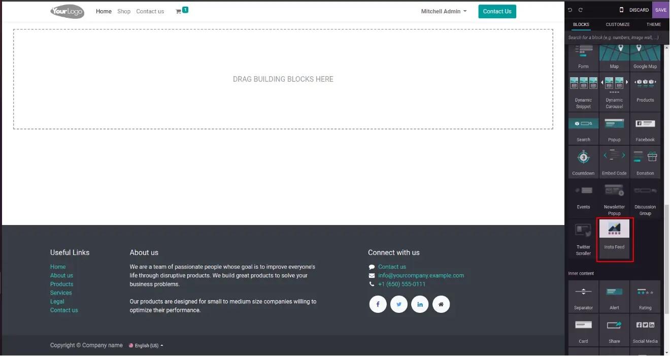 Instagram widget on a website in Odoo, Unitsoft
