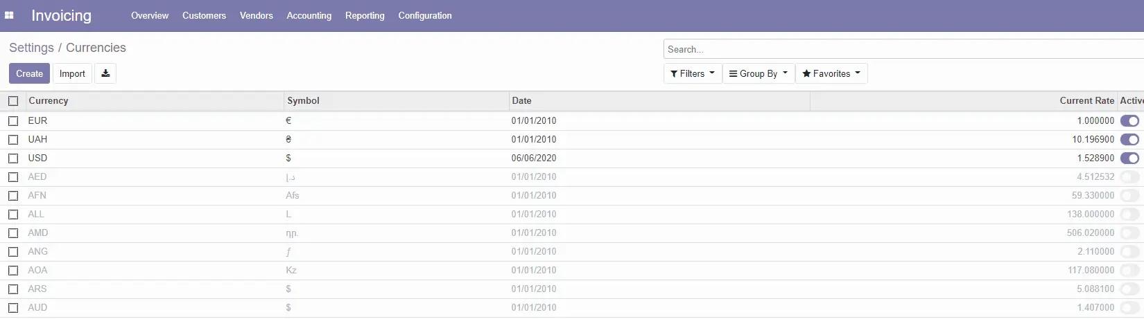 Downloading current NBU courses in Odoo, Unitsoft