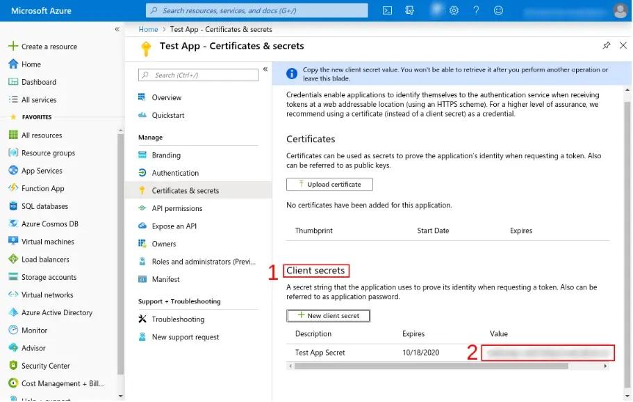 Azure: client secret for the application
