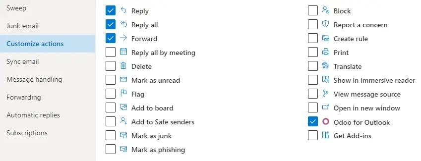 Settings in Odoo Mail for Outlook