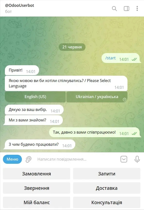Appearance and most frequently asked questions in the Telegram bot