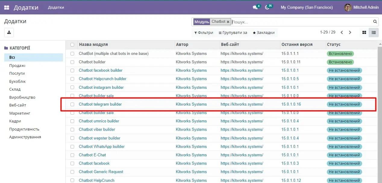 Checking the installation of Chatbot telegram builder in Odoo