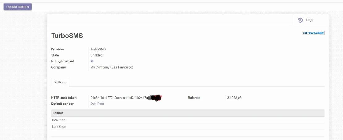 Token received in the TurboSMS interface