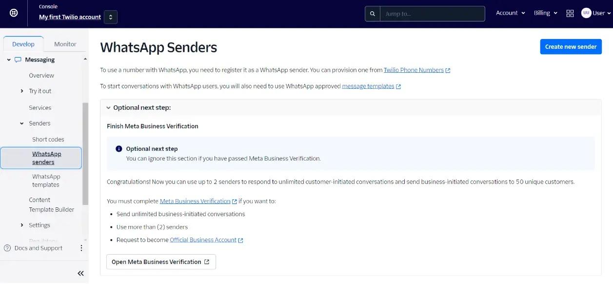 Creating a new sender in the WhatsApp Senders tab