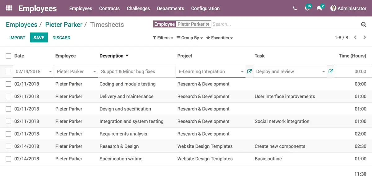 Табель обліку робочого часу співробітника в Odoo