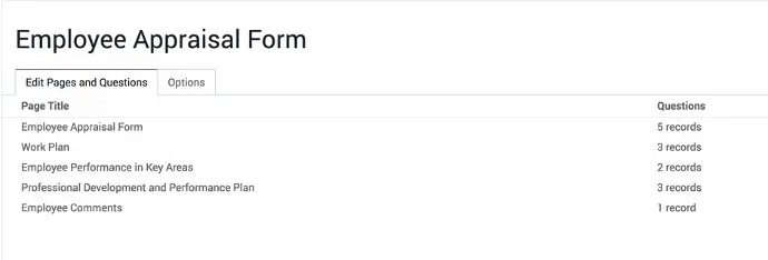 Форма Employee Appraisal в Odoo з налаштуванням сторінок і питань
