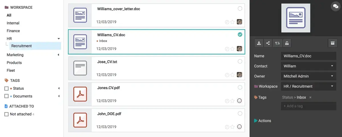 Документи кандидатів в Odoo Recruitment з CV та вкладеннями