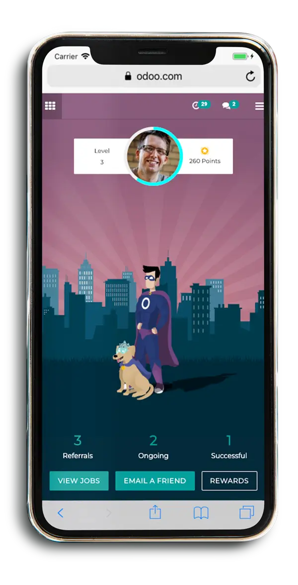 Мобільний інтерфейс Odoo з гейміфікацією та рівнем користувача