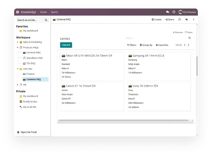 База знань Odoo: каталог продуктів та FAQ у вигляді карток