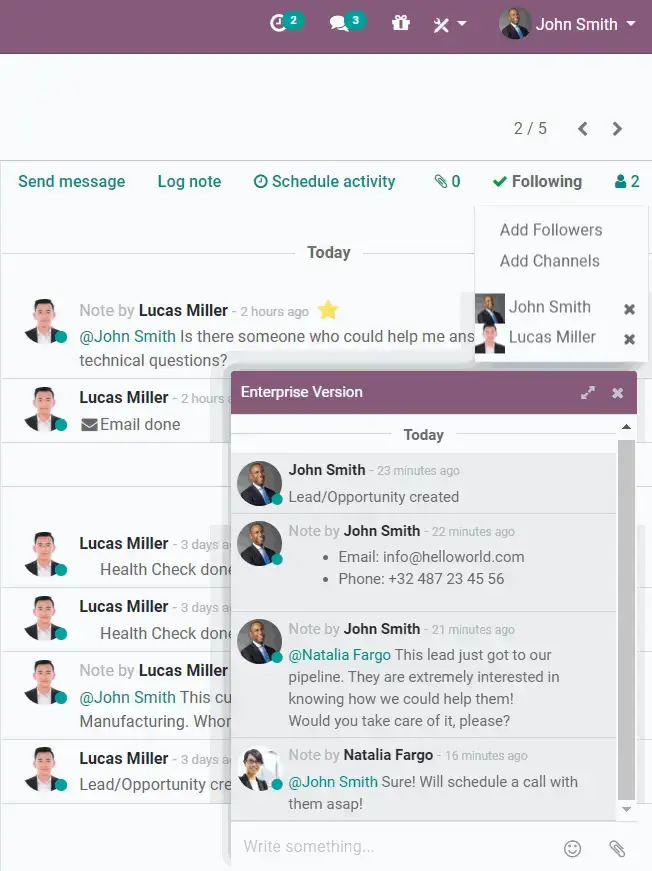 Odoo CRM чат і підписники ліда