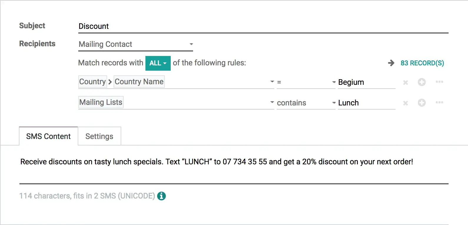 Odoo SMS Marketing: сегментація отримувачів та створення SMS-кампанії зі знижкою
