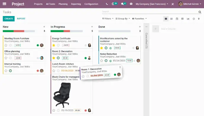 Kanban-дошка задач в Odoo Project — управління проєктами та контроль виконання