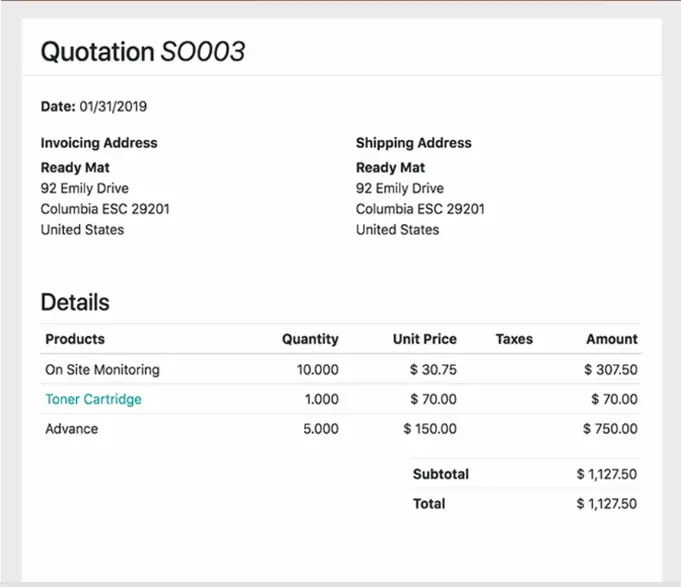 Комерційна пропозиція в Odoo — рахунок клієнта з товарами, цінами та сумами