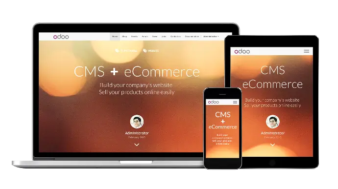 Odoo CMS та eCommerce — адаптивний сайт на ноутбуці, планшеті та смартфоні