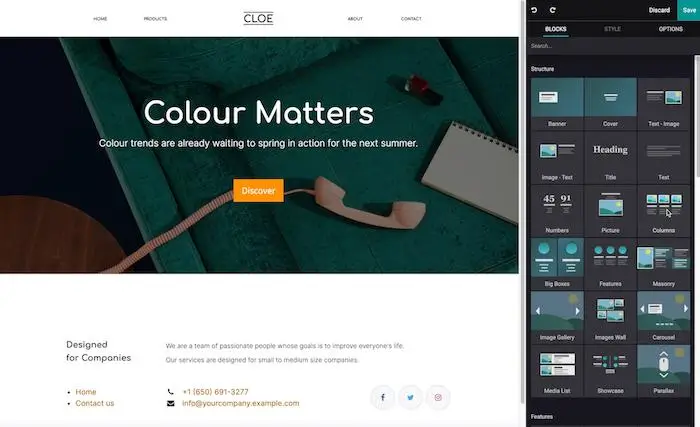 Odoo Website Builder — редактор блоків та створення адаптивного сайту Cloe