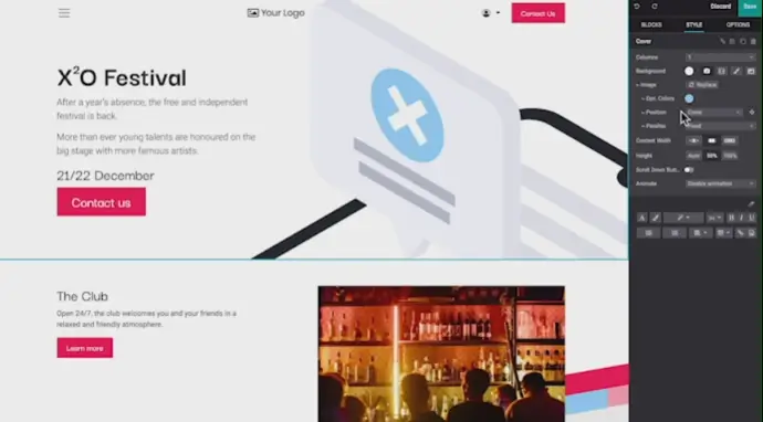 Odoo Website Builder — редагування сторінки фестивалю та налаштування дизайну сайту
