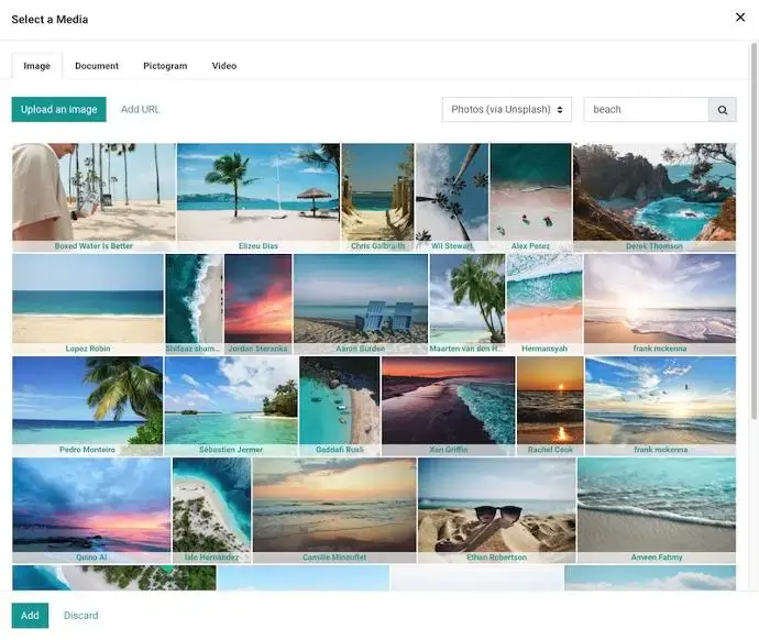 Odoo медіа бібліотека — вибір та завантаження зображень з Unsplash для сайту