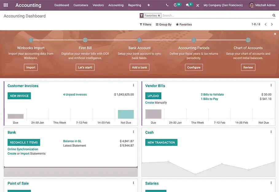 Odoo Accounting Dashboard — управління фінансами, рахунками та банківськими операціями