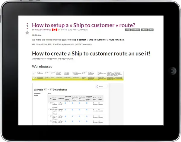 Odoo документація — налаштування маршруту Ship to customer на планшеті
