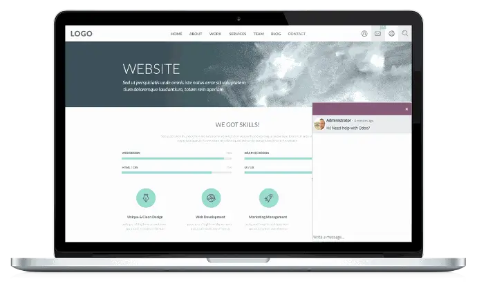 Odoo Website — бізнес сайт з онлайн чатом та UI дизайном на ноутбуці