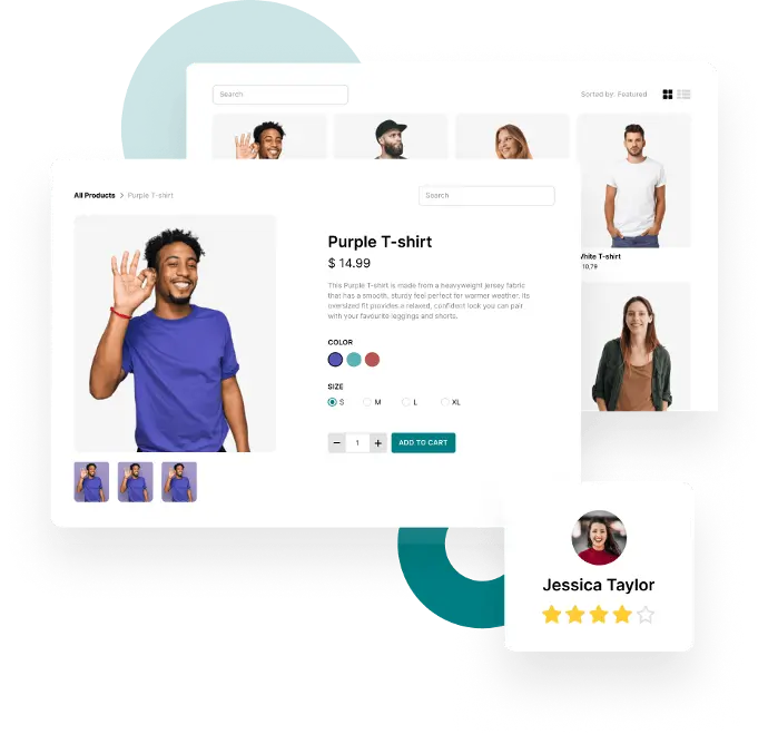 Odoo eCommerce — сторінка товару футболка з варіантами кольору та відгуками клієнтів