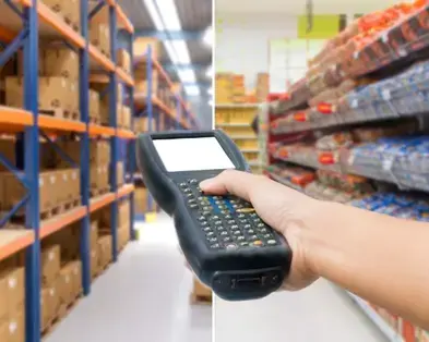 Рука людини з терміналом збору даних на фоні складу