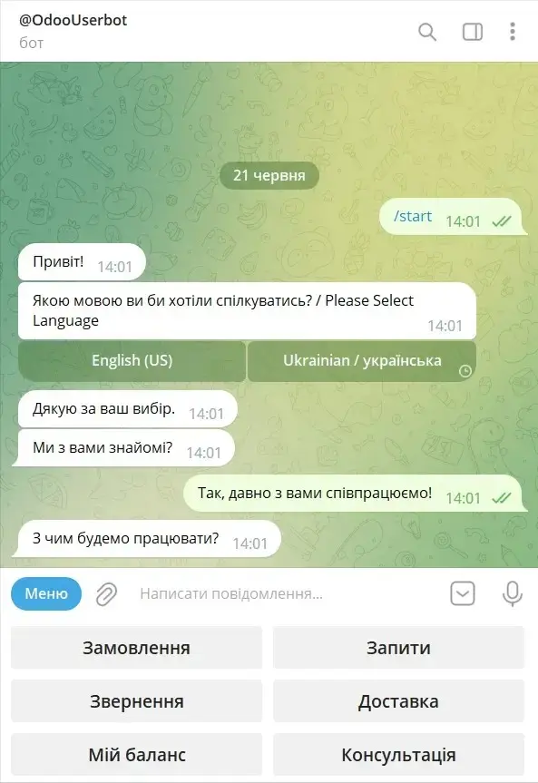 Вигляд та найбільш поширені питання в боті в Телеграм