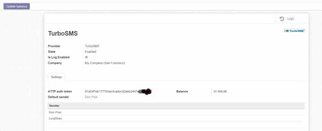 Токен, отриманий в інтерфейсі TurboSMS
